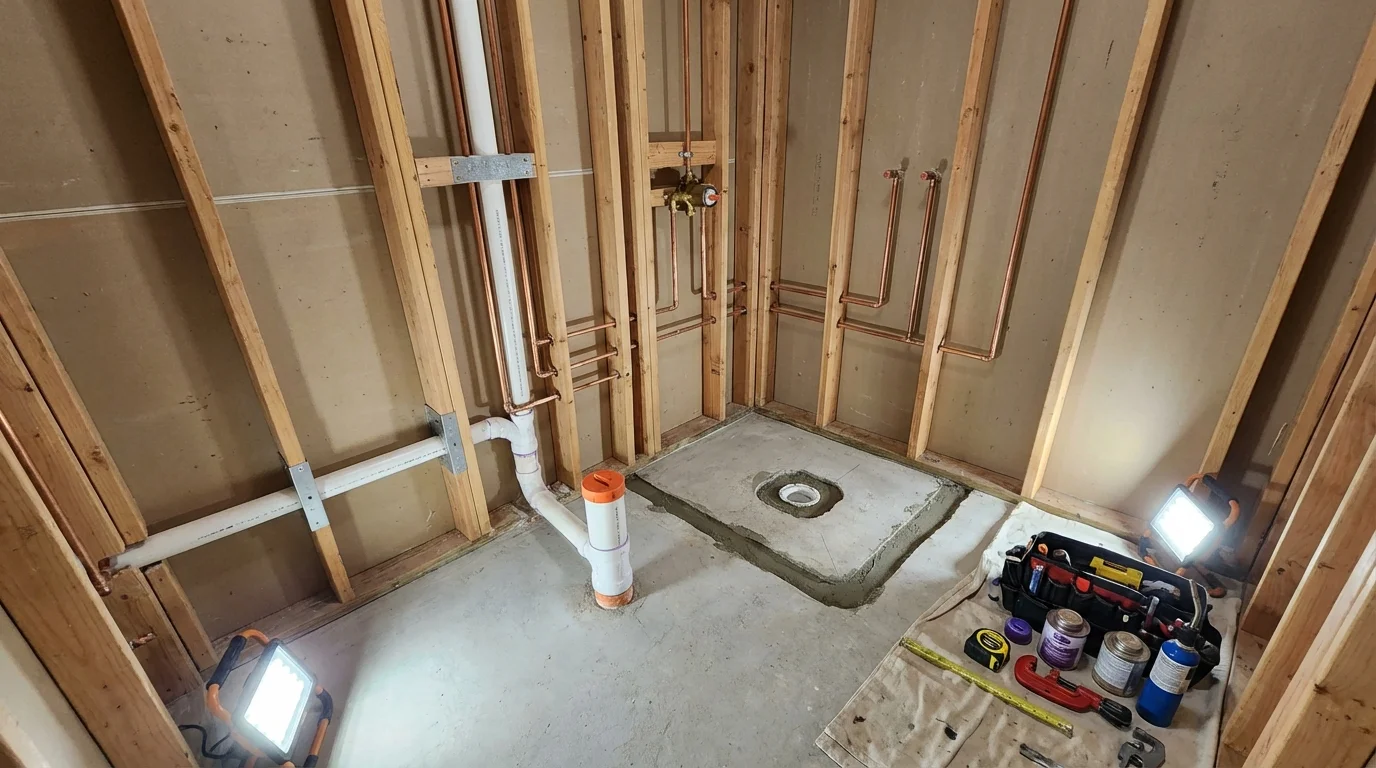 Bathroom rough-in plumbing during remodel by Johns Plumbing LLC in Polo