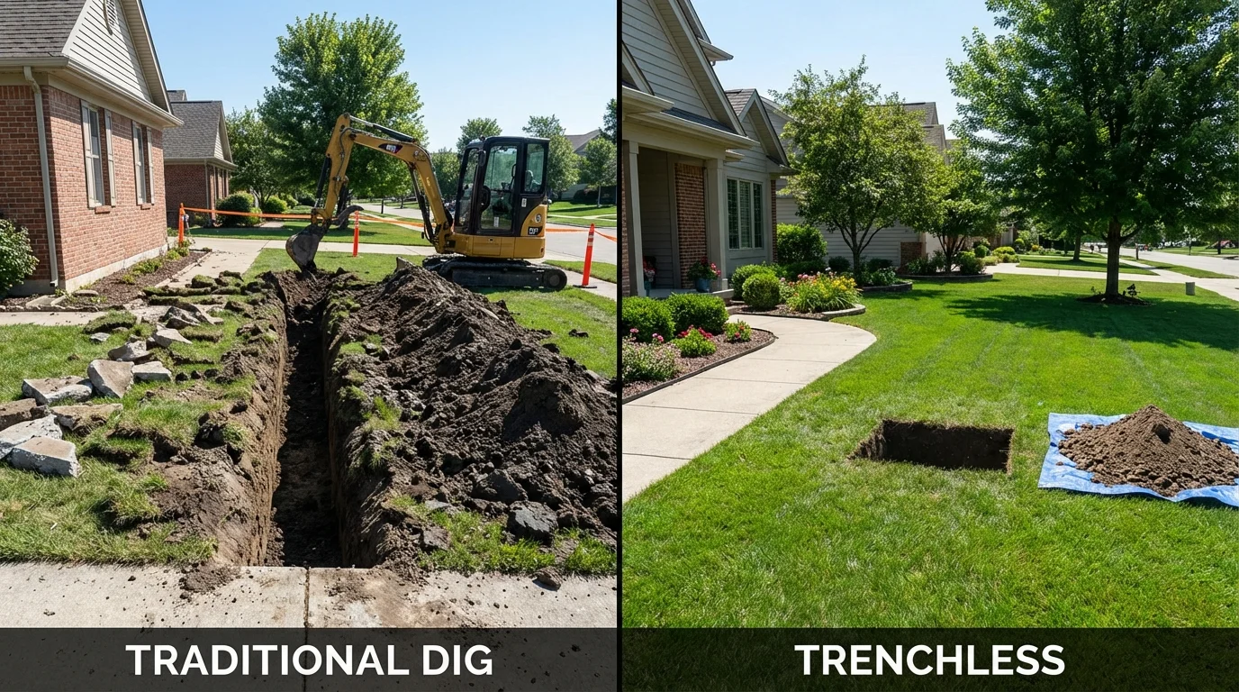 Trenchless sewer repair with minimal yard damage versus traditional excavation in Polo, IL